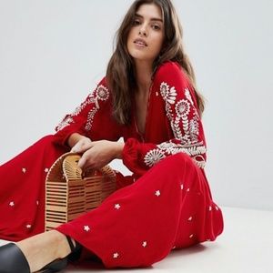 FREE PEOPLE EMBROIDERED V-NECK JUMPSUIT